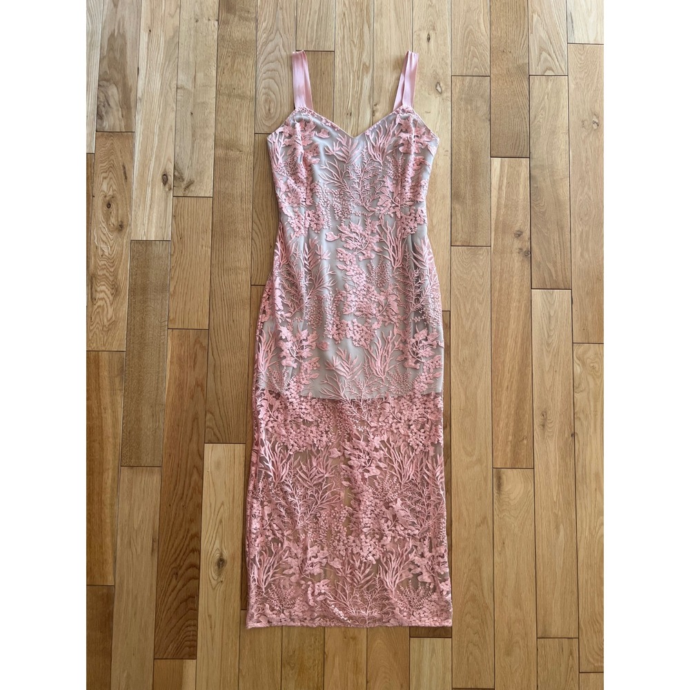 Marciano Kailey Lace Embroidered Sheer Coral Pink Midi Dress Lined Womens Size 6